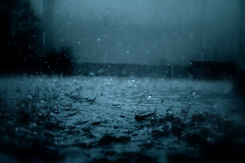 Raindrops on Wet Surface — Blue, Dramatic, Night, Photograph, Rain