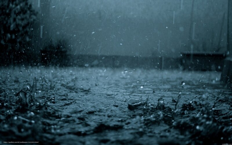Raindrops on Wet Surface — Blue, Dramatic, Night, Photograph