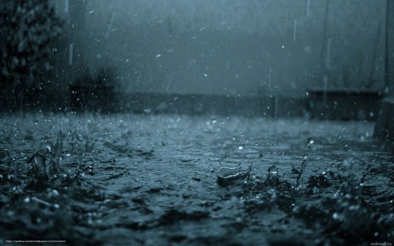 Raindrops on Wet Surface — Blue, Dreary, Night, Photograph, Rain, Puddle, Splashes