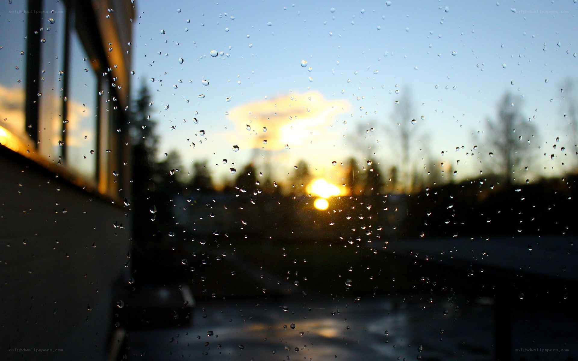 Raindrops on window at sunset