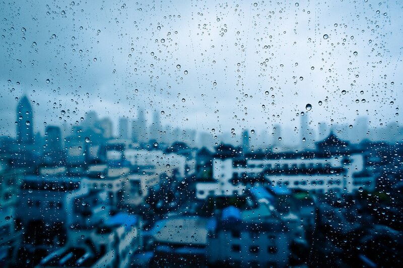 Raindrops on Window — Blue, Overcast