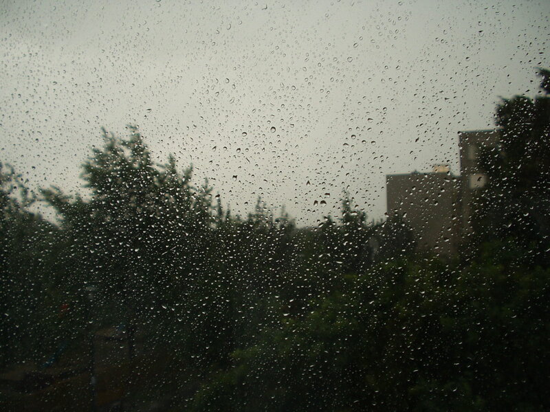 Raindrops on Window — Gray, Overcast, Photograph