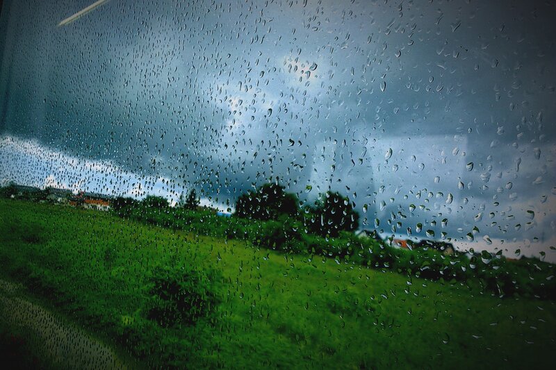 Raindrops on Window — Green, Overcast, Photograph, Field, Sky