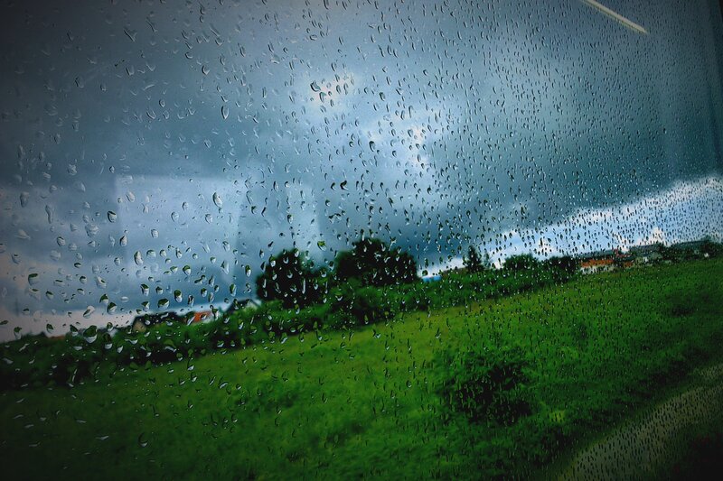 Raindrops on Window — Green, Overcast, Photograph, Field