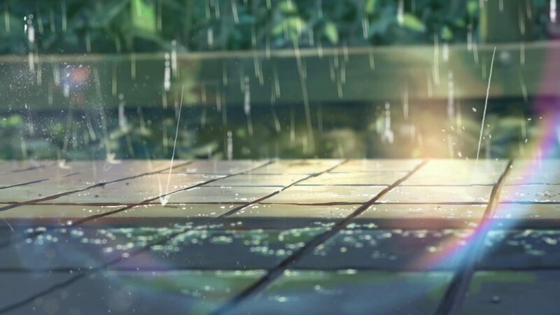 Raindrops on Wooden Deck — Green, Serene