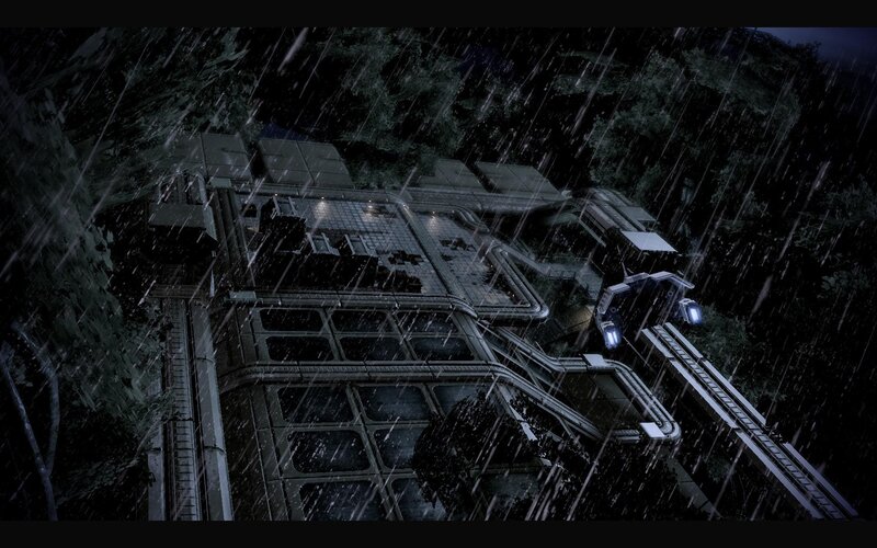 rainy alien base at night