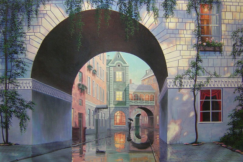 Rainy alley with archway
