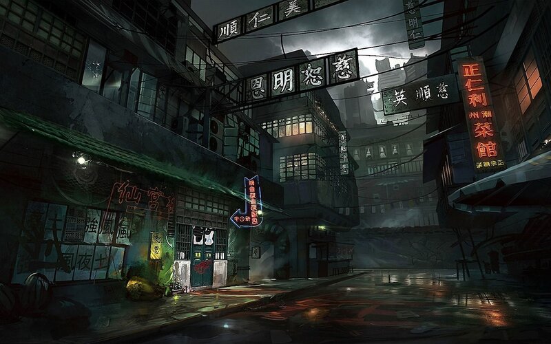 rainy alley with neon signs