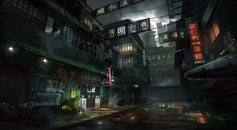 rainy alley with neon signs
