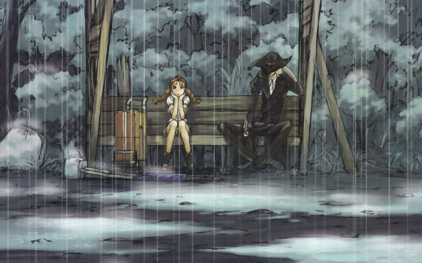 Rainy bench scene