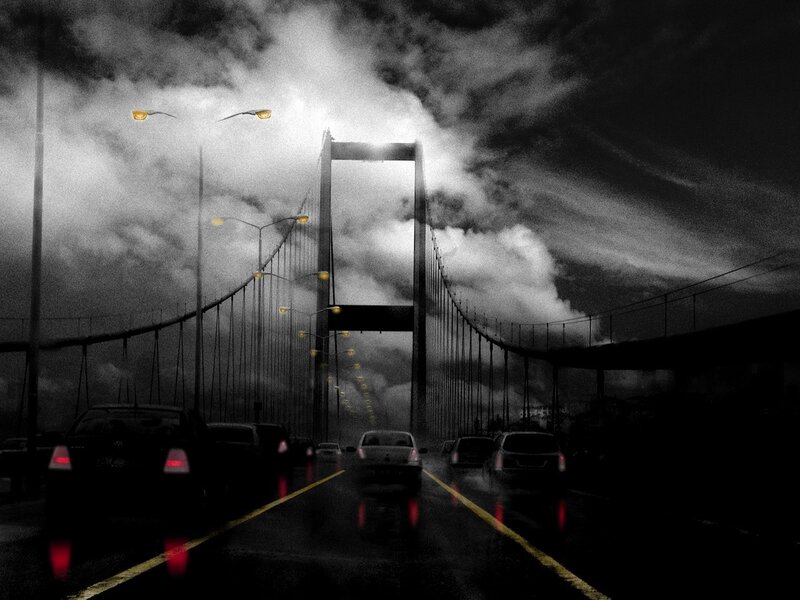 Rainy bridge at night