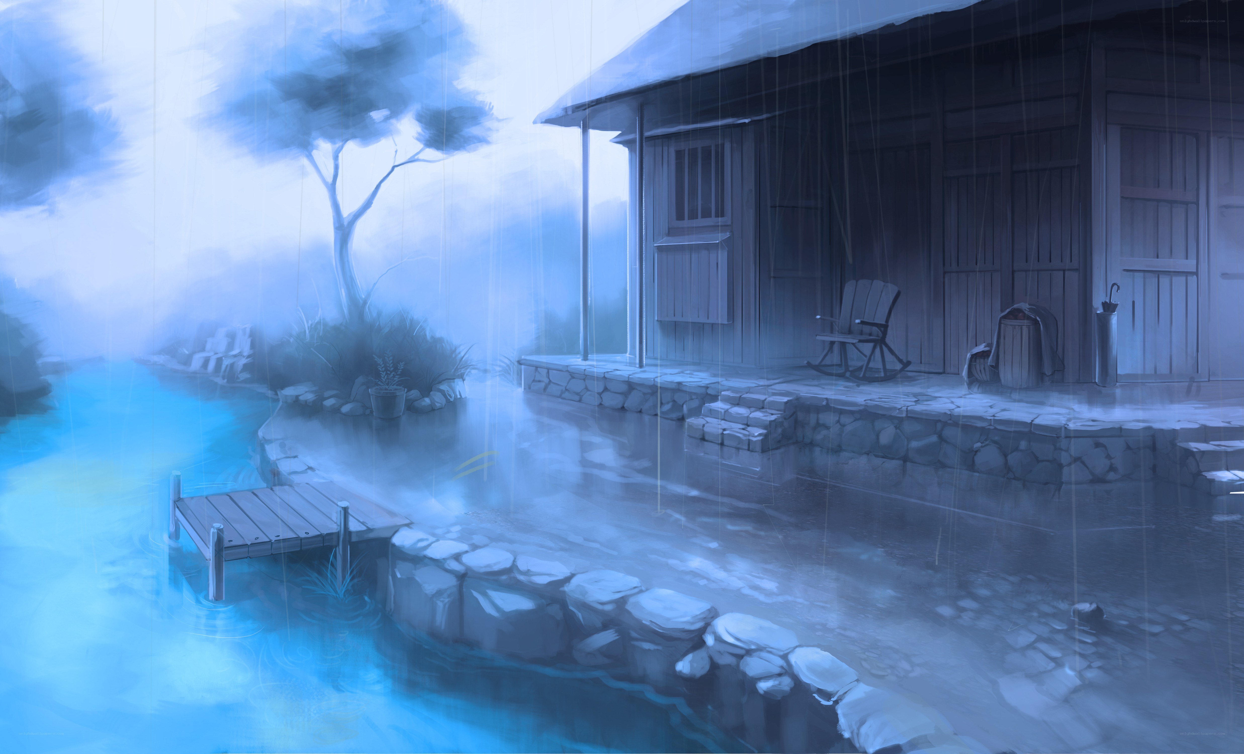 Rainy cabin by the water
