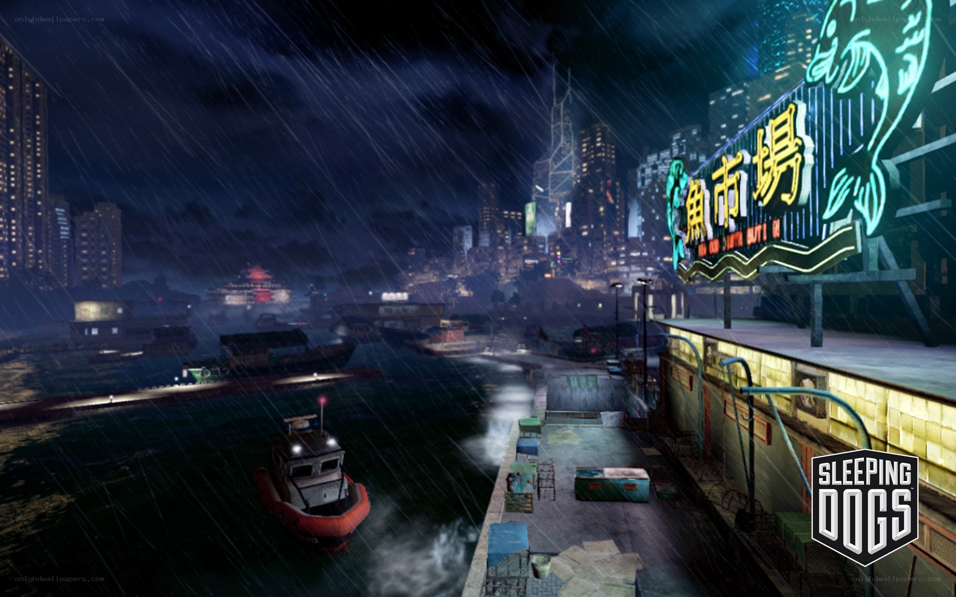 Rainy city harbor at night