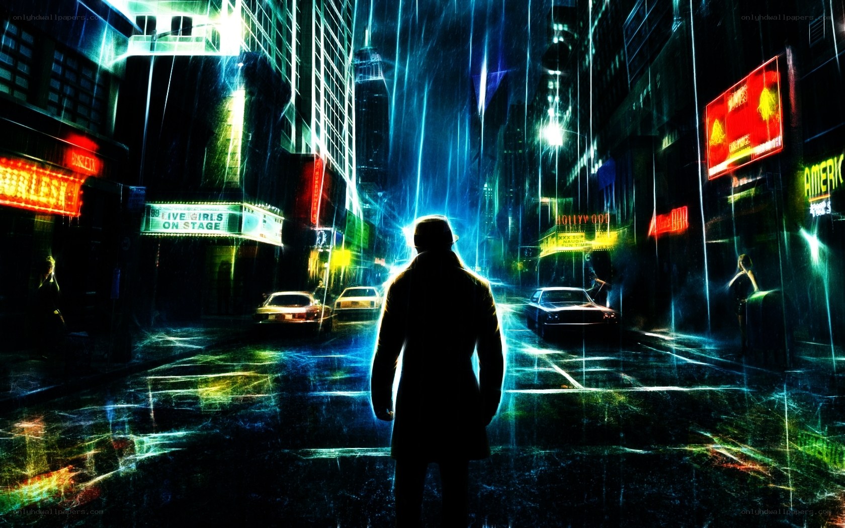 rainy city night scene