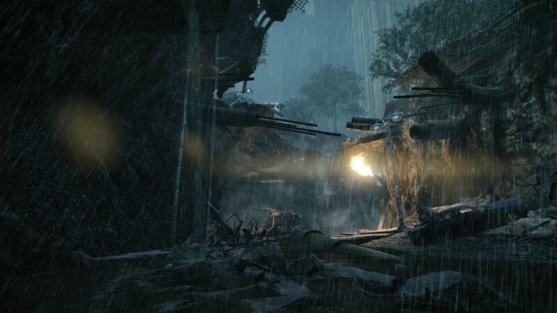 rainy city ruins at night