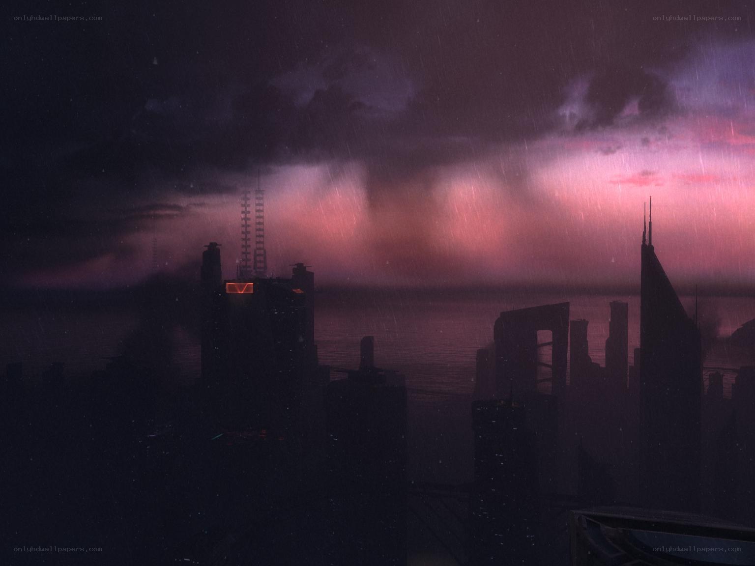 rainy city skyline at dusk