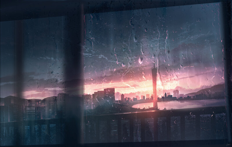 Rainy City Skyline — Purple