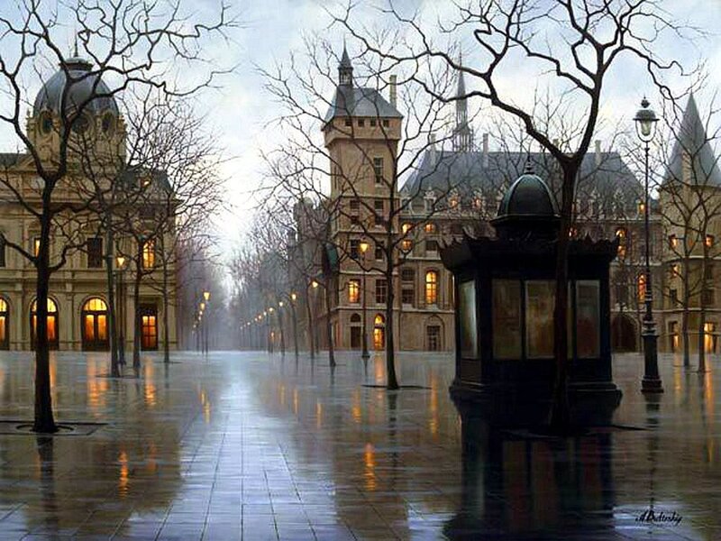 Rainy City Square — Gray