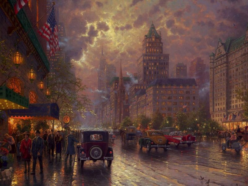 Rainy city street at dusk