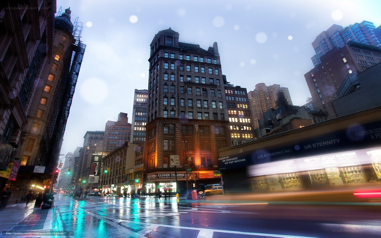Rainy city street at dusk