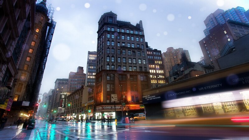 rainy city street at dusk