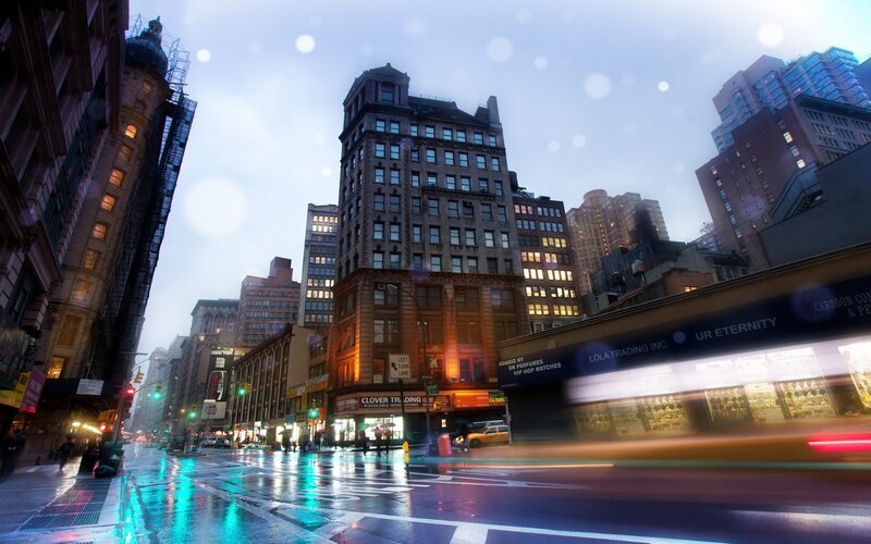 rainy city street at dusk