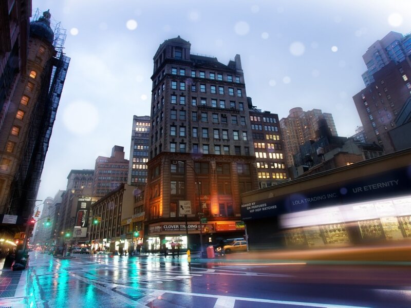 Rainy City Street at Dusk — Blue, Dramatic, Night, Photograph, Buildings, Cars, Streetlights, Yellow