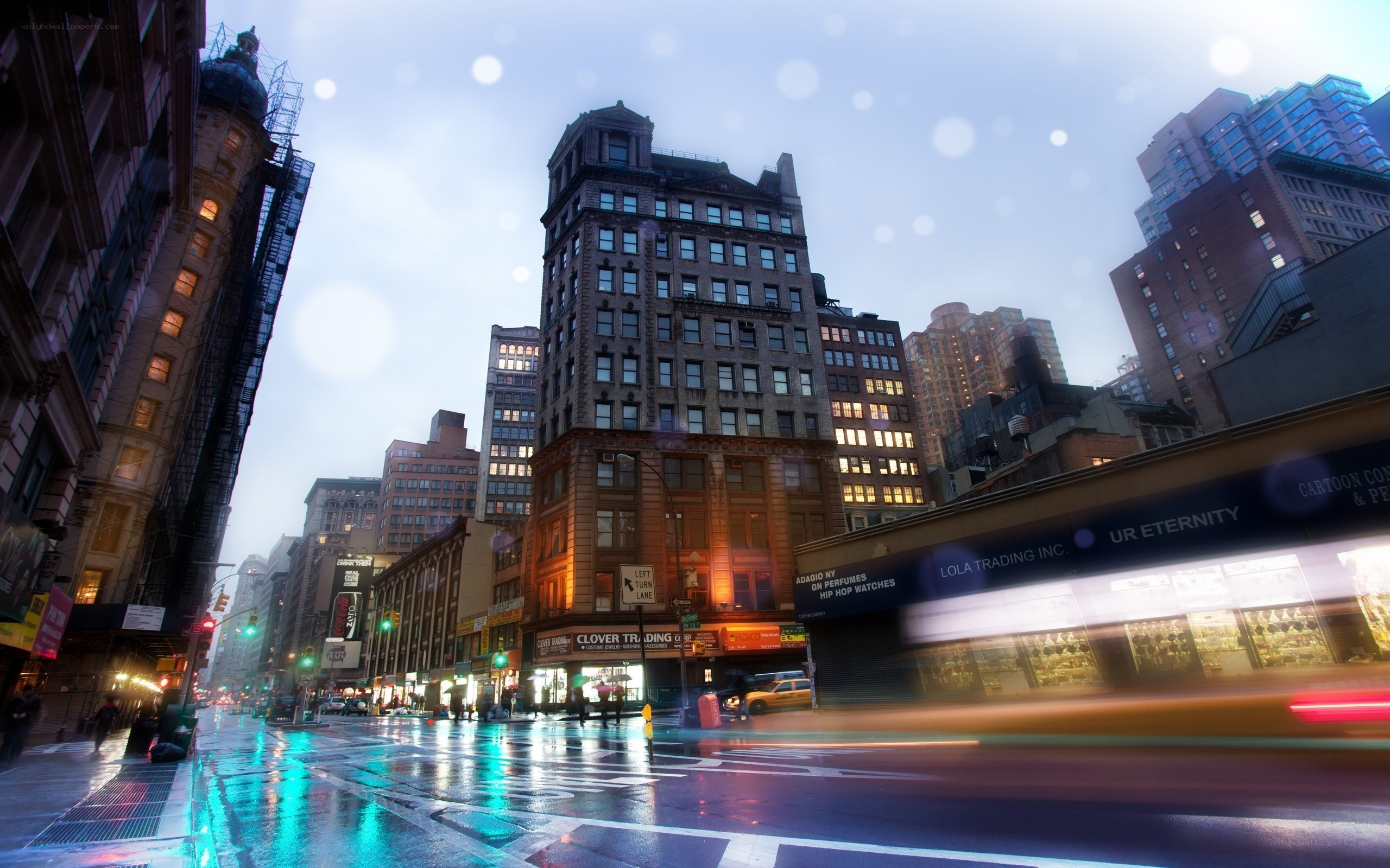 Rainy city street at dusk