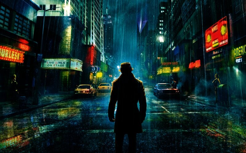 rainy city street at night