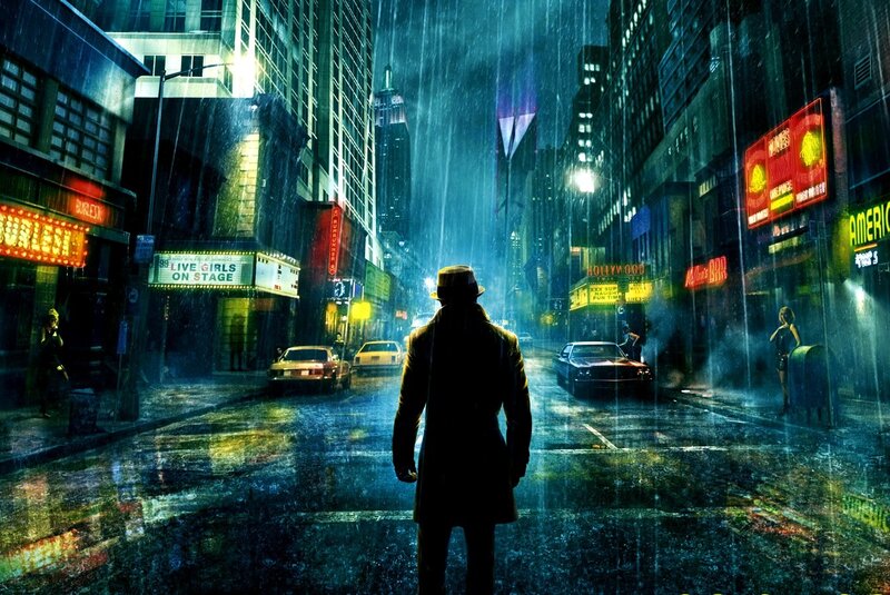 rainy city street at night