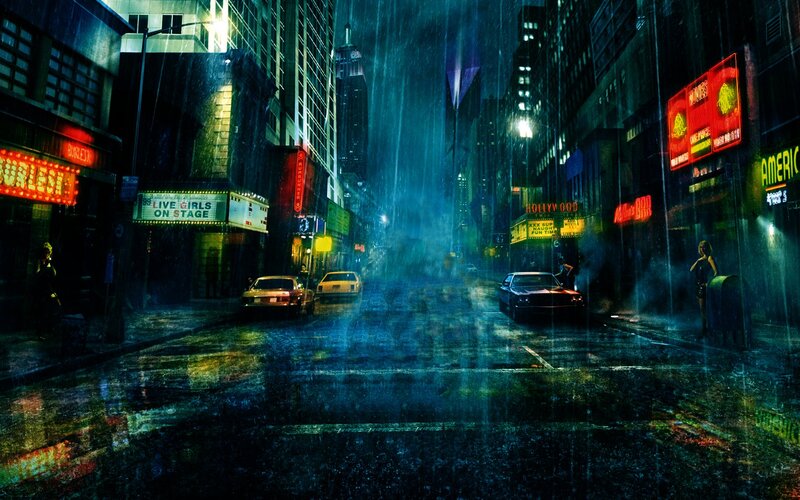 rainy city street at night