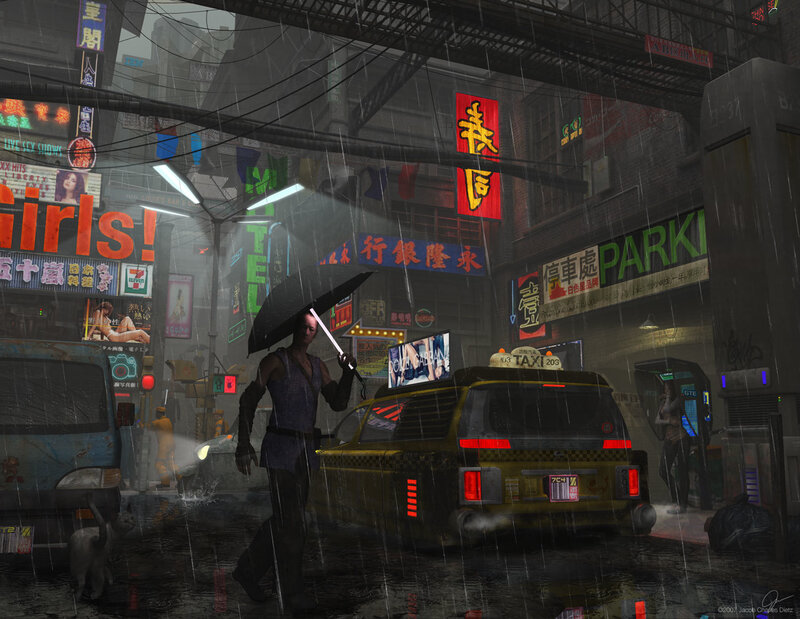 Rainy city street at night