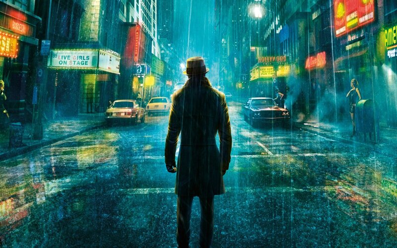 rainy city street at night