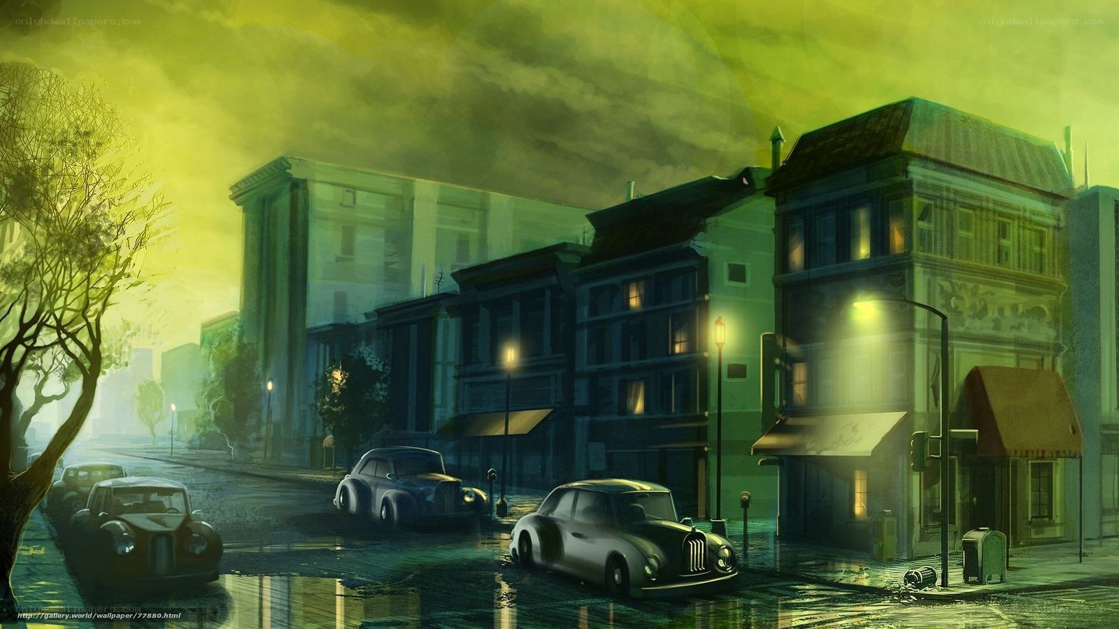 rainy city street at night
