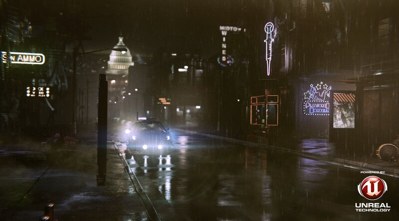 rainy city street at night