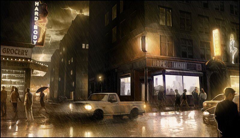 rainy city street at night