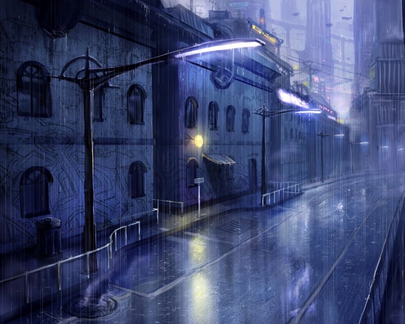 rainy city street at night