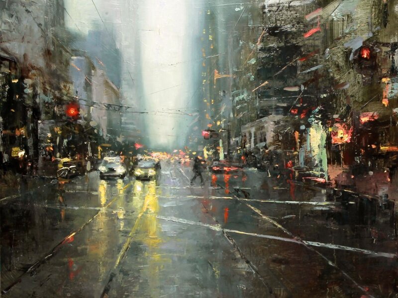 Rainy city street at night