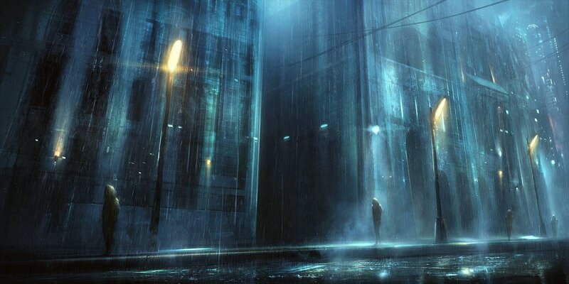 rainy city street at night