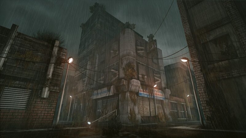 rainy city street at night