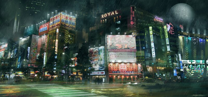 rainy city street at night