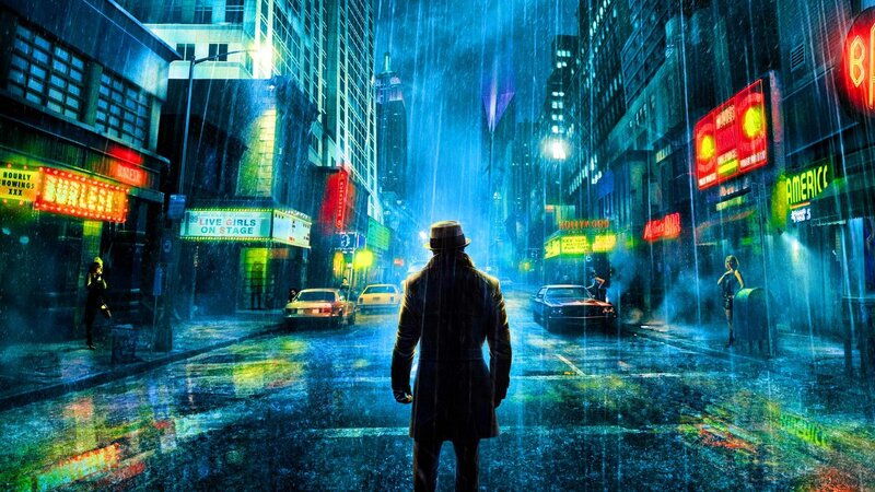 Rainy city street at night