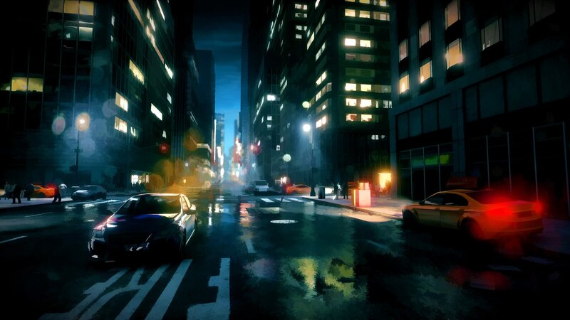 rainy city street at night