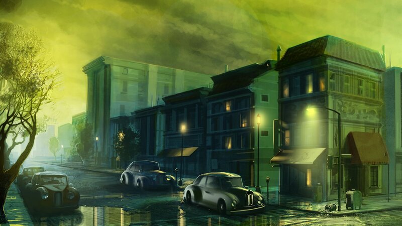 rainy city street at night