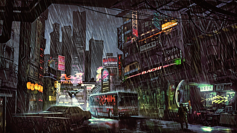 Rainy City Street at Night — Black, Dramatic, Digital Art, Neon Signs