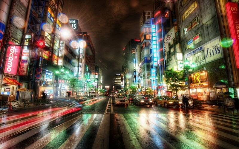 Rainy City Street at Night — Black, Dramatic, Photograph