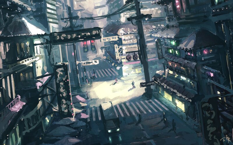 Rainy City Street at Night — Blue, Dramatic, Digital Art, Buildings