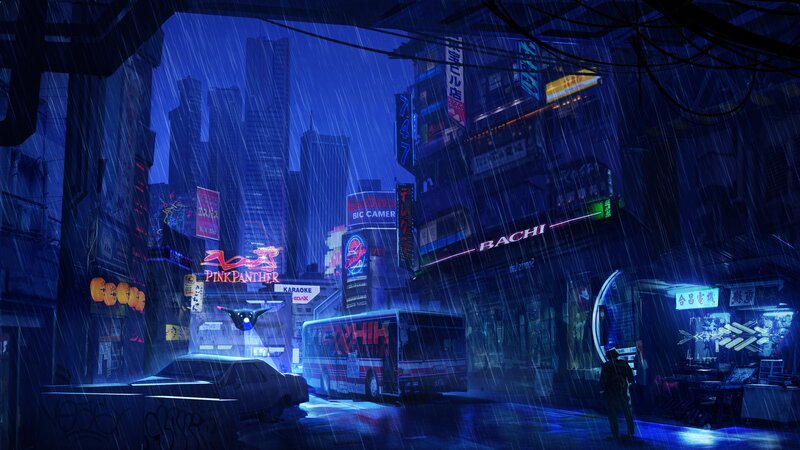 Rainy City Street at Night — Blue, Dramatic, Digital Art, Neon Signs