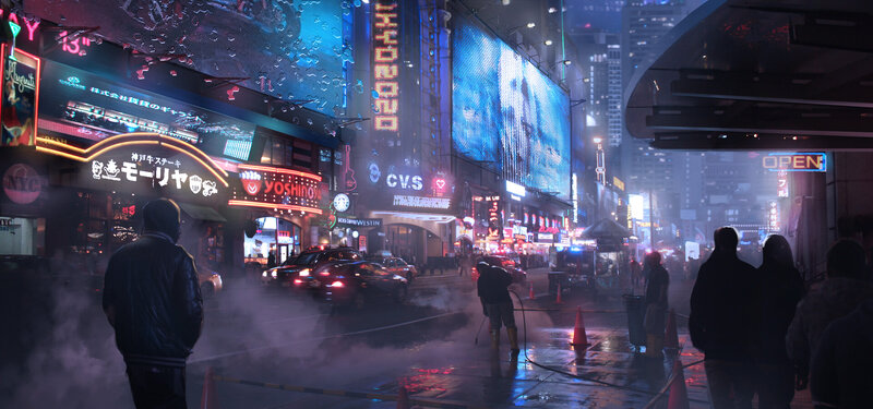 Rainy City Street at Night — Blue, Dramatic, Digital Art