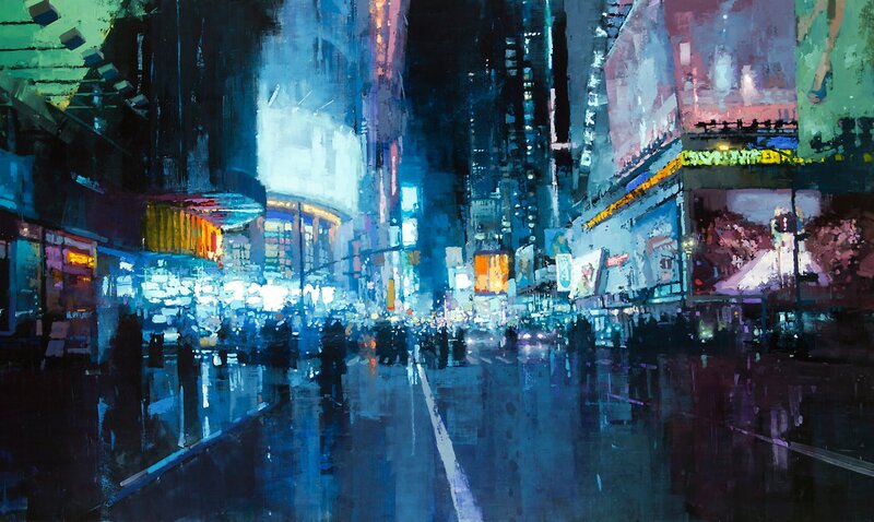 Rainy City Street at Night — Blue, Dramatic, Painting